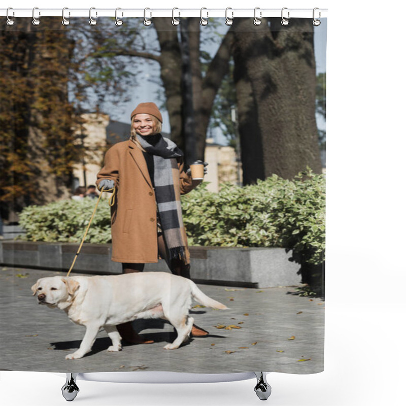 Personality  Full Length Of Cheerful Woman In Hat And Coat Holding Paper Cup While Walking With Dog  Shower Curtains