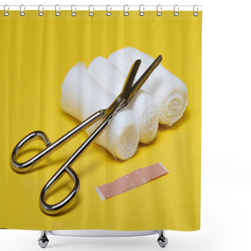 Personality  Plasters And Bandages With Scissors And Syringe On A Yellow Background Shower Curtains