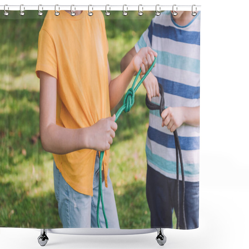 Personality  Cropped View Of Kids Holding Ropes With Sea Knots Outside  Shower Curtains