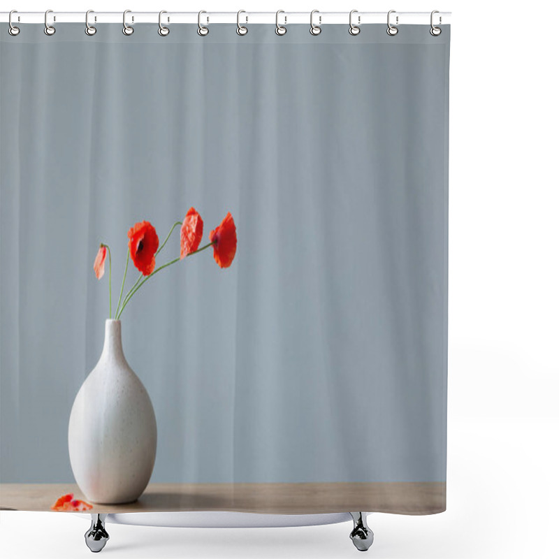 Personality  Red Poppies In Vase On Gray Background Shower Curtains