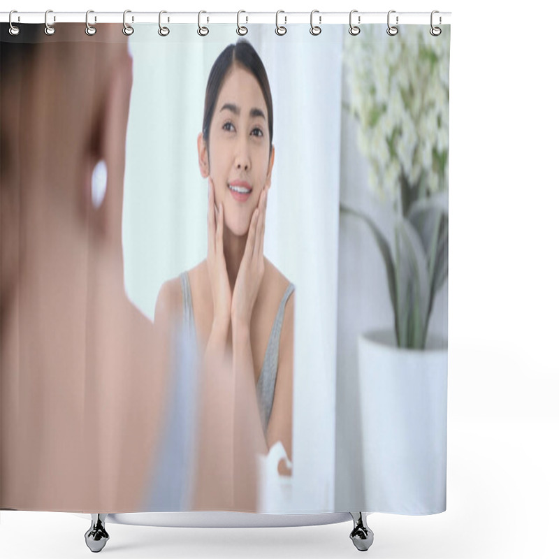 Personality  Beauty Concept. Reflections In The Mirror. Asian Girls Are Apply Shower Curtains