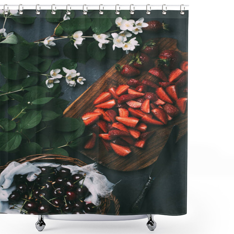 Personality  Top View Of Beautiful Jasmine Flowers, Sliced Strawberries And Ripe Sweet Cherries On Black Shower Curtains