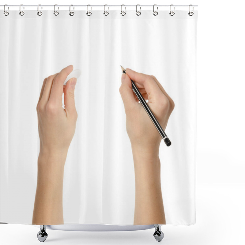 Personality  Human Hands With Pencil And Eraser Rubber Shower Curtains