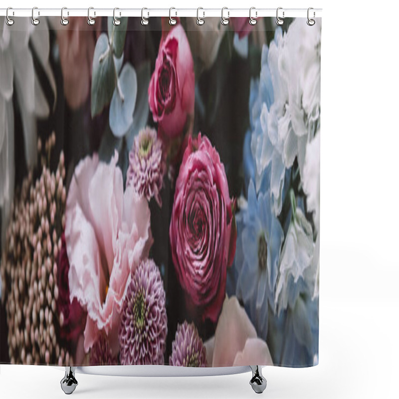 Personality  Beautiful Bouquet Of Roses, Gypsophila And Other Different Flowers On Dark Background Shower Curtains