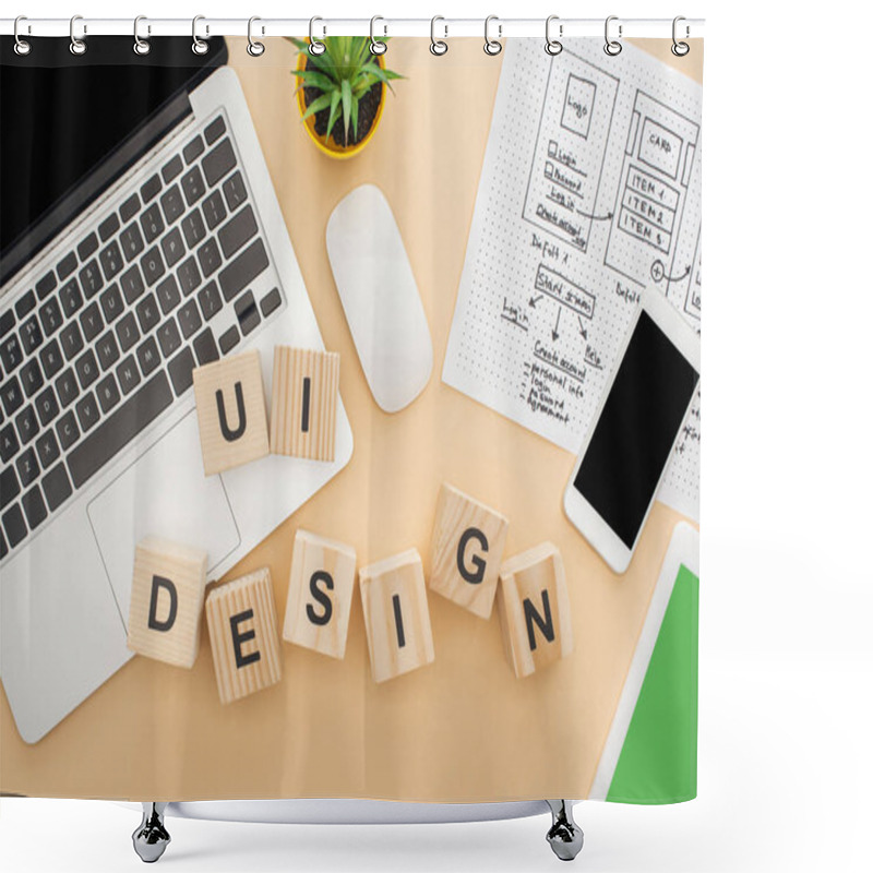 Personality  Top View Of Gadgets Near Wooden Blocks With Ui Design Lettering, Website Design Template And Green Plant On Beige Background Shower Curtains