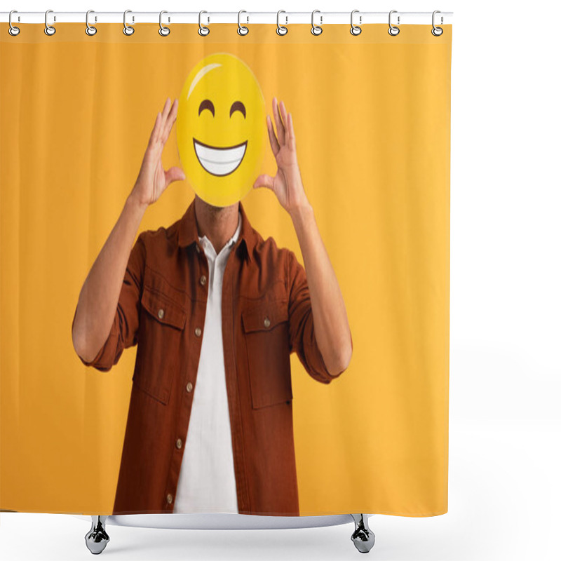 Personality  KYIV, UKRAINE - SEPTEMBER 24, 2019: Man Covering Face With Happy Emoticon Isolated On Orange  Shower Curtains