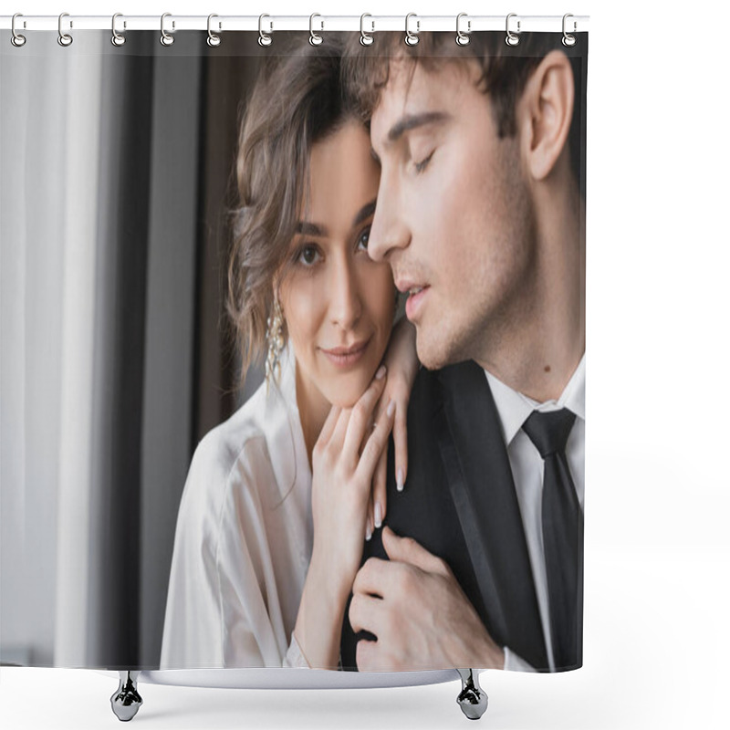 Personality  Charming Bride In Jewelry And White Silk Robe Leaning On Shoulder Of Groom In Classic Formal Wear While Standing Together In Modern Hotel Room During Honeymoon, Newlyweds  Shower Curtains