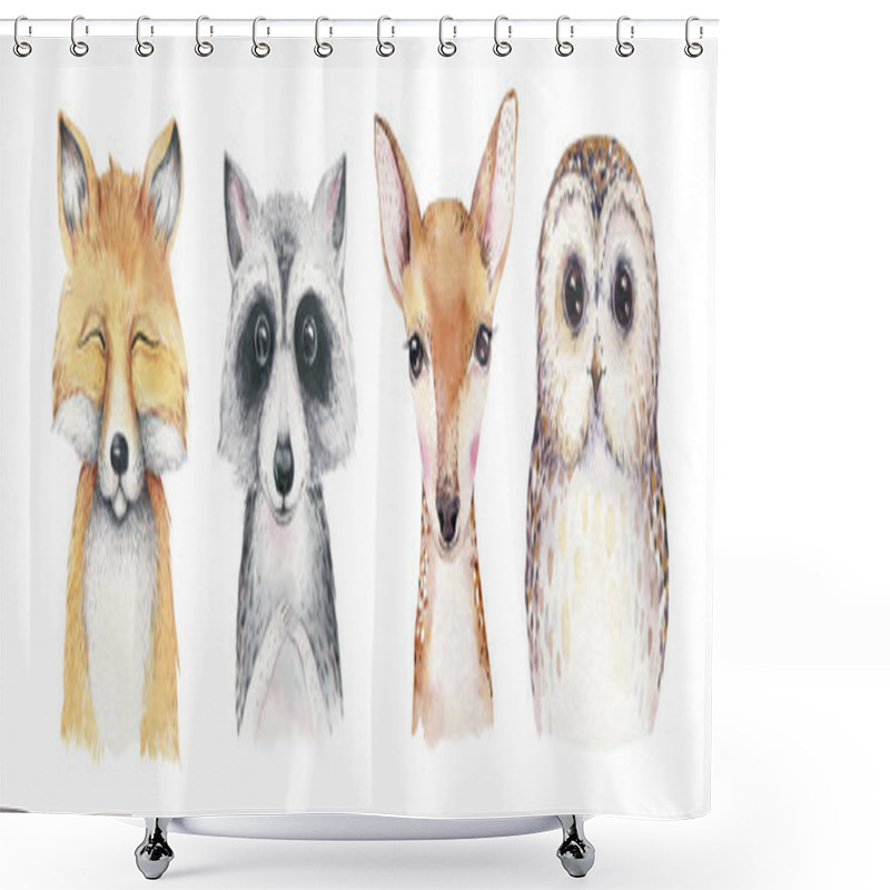 Personality  Watercolor Set Of Forest Cartoon Isolated Cute Baby Fox, Deer, Raccoon And Owl Animal With Flowers.  Shower Curtains