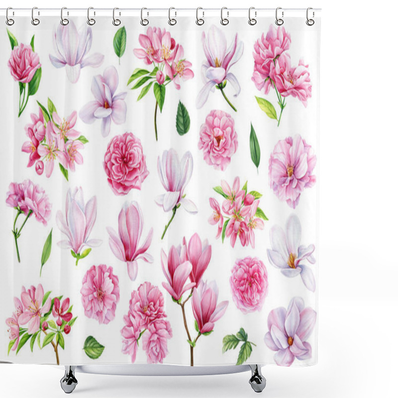 Personality  Watercolor Painting, Pink Flowers, Flowering Rose Branches And Leaves, On A White Background, Floral Elements. High Quality Illustration Shower Curtains