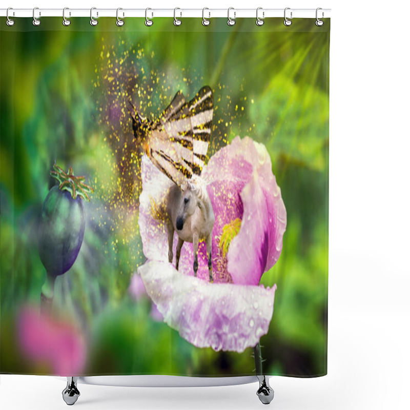 Personality  White Unicorn With Butterfly Wings On Poppy Flower Shower Curtains