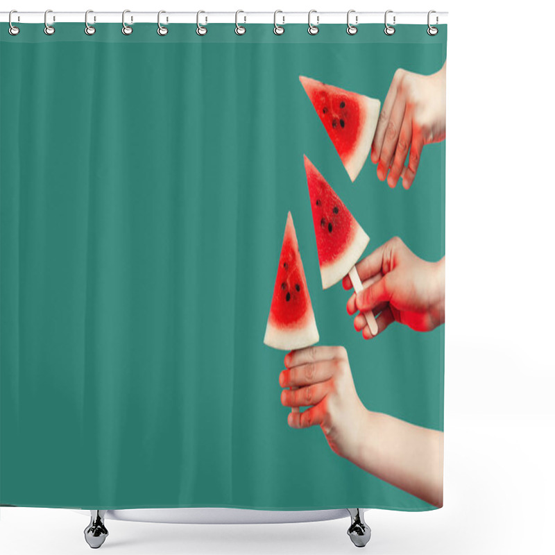 Personality  Hands Stretch Out Pieces Of Watermelon On A Stick. On A Green Background. Summer Concept Shower Curtains