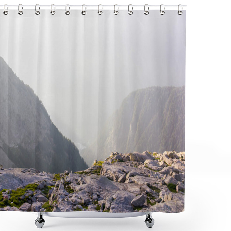 Personality  Rocks And Beautiful Mountains At Foggy Sunrise, Alps, Switzerland Shower Curtains