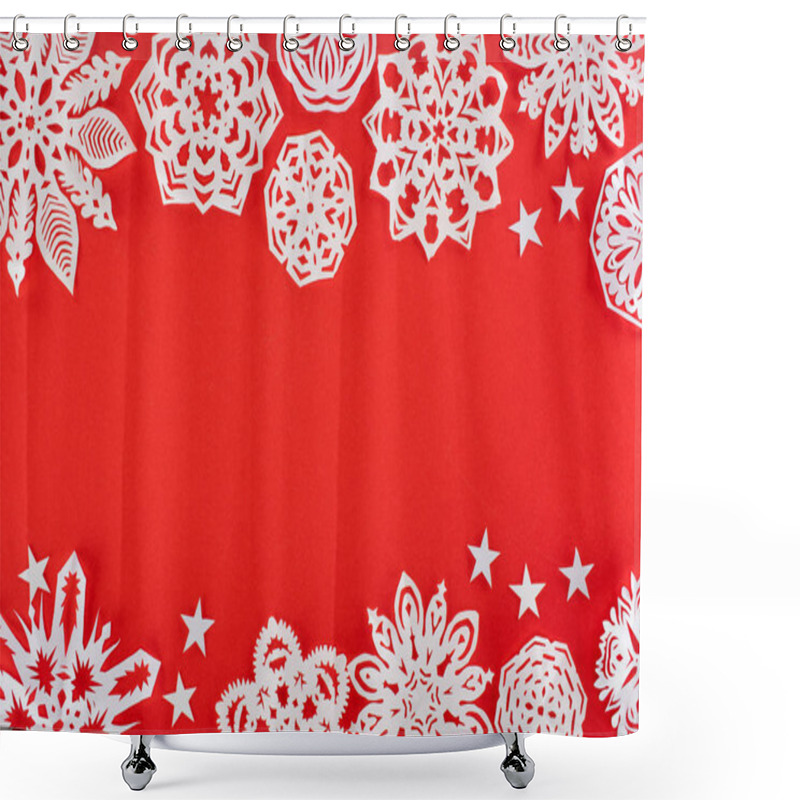 Personality  Christmas Background With White Paper Snowflakes, Isolated On Red With Copy Space Shower Curtains