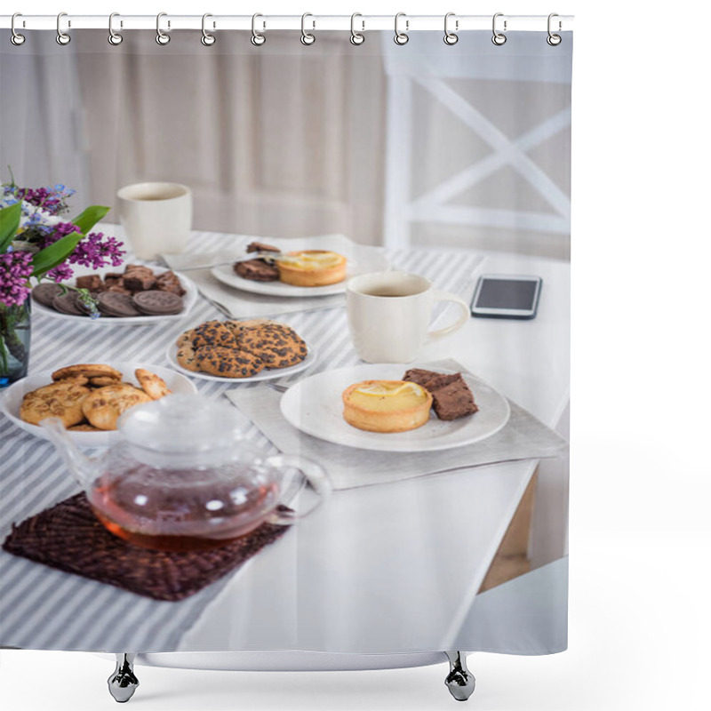 Personality  Tea And Various Pastry On Tabletop Shower Curtains