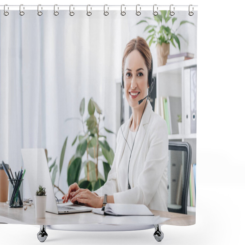 Personality  Support Operator Working With Headset And Laptop In Call Center Shower Curtains