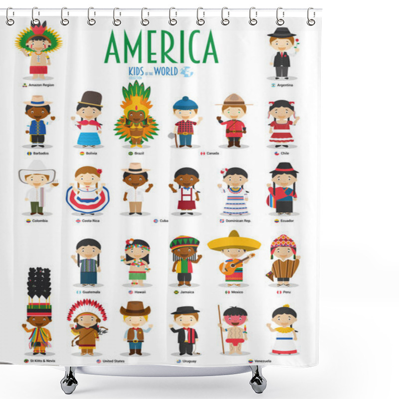 Personality  Kids And Nationalities Of The World Vector: America. Set Of 25 Characters Dressed In Different National Costumes. Shower Curtains