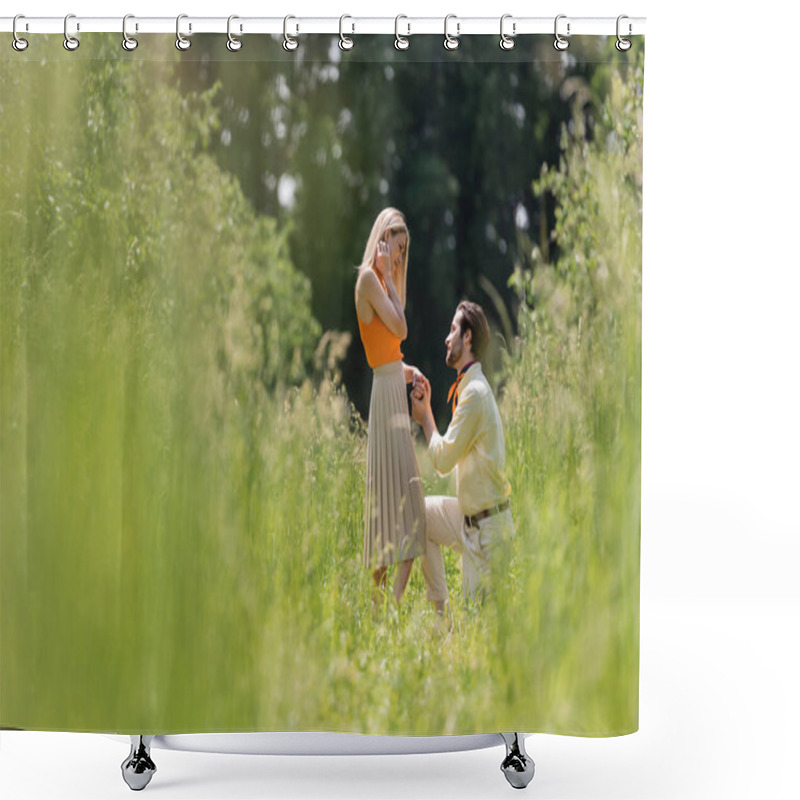 Personality  Side View Of Stylish Man Holding Hand Of Girlfriend While Kneeling In Summer Park  Shower Curtains