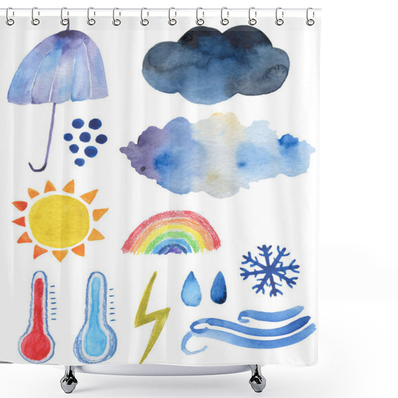 Personality  Weather Icon Cloud, Rainbow, Rain, Drops, Umbrella, Cloud, Sun, Wind, Thermometer Shower Curtains