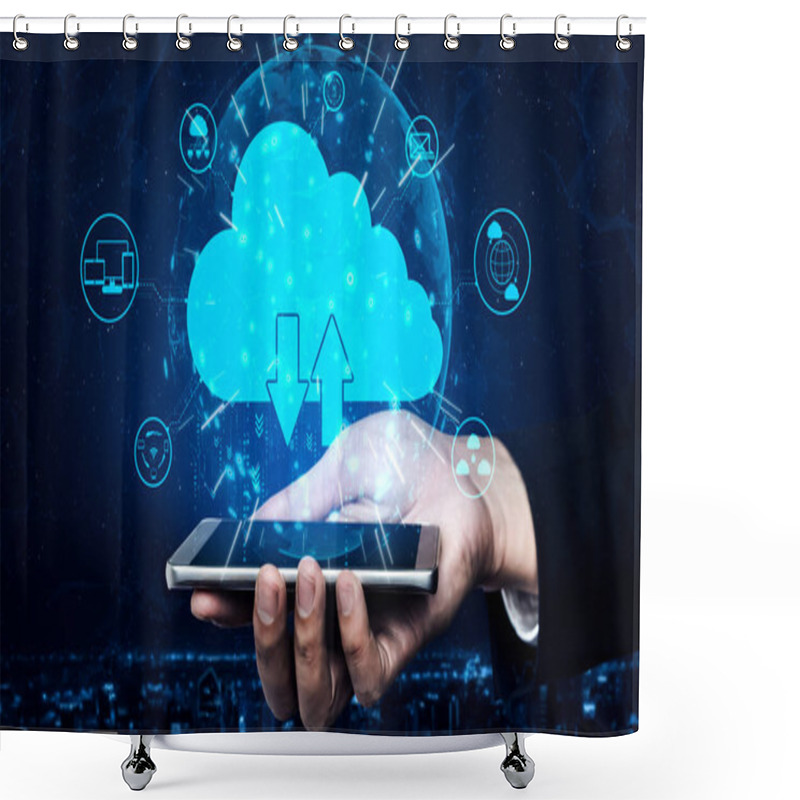 Personality  Cloud Computing Technology And Online Data Storage For Business Network Concept. Computer Connects To Internet Server Service For Cloud Data Transfer Presented In 3D Futuristic Graphic Interface. Shower Curtains