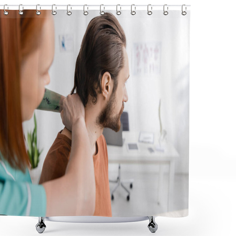 Personality  Blurred Physiotherapist Examining Neck Of Injured Man During Appointment In Rehabilitation Center Shower Curtains