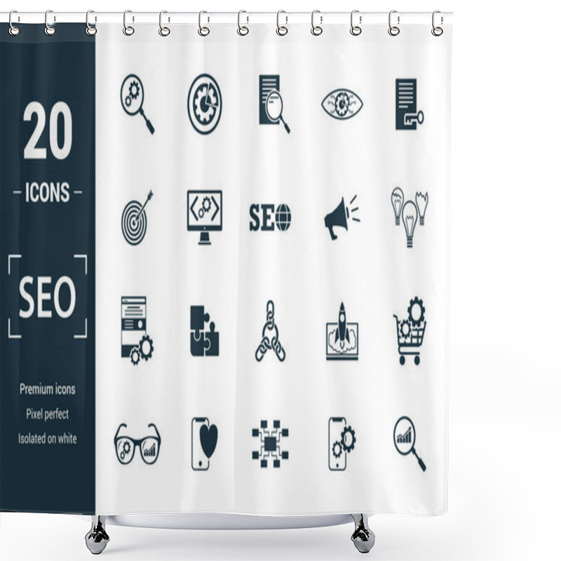 Personality  Seo Icon Set. Include Creative Elements Search Optimization, Search Result, Right Solution, Code Optimization, Website Optimization Icons. Can Be Used For Report, Presentation, Diagram, Web Design Shower Curtains