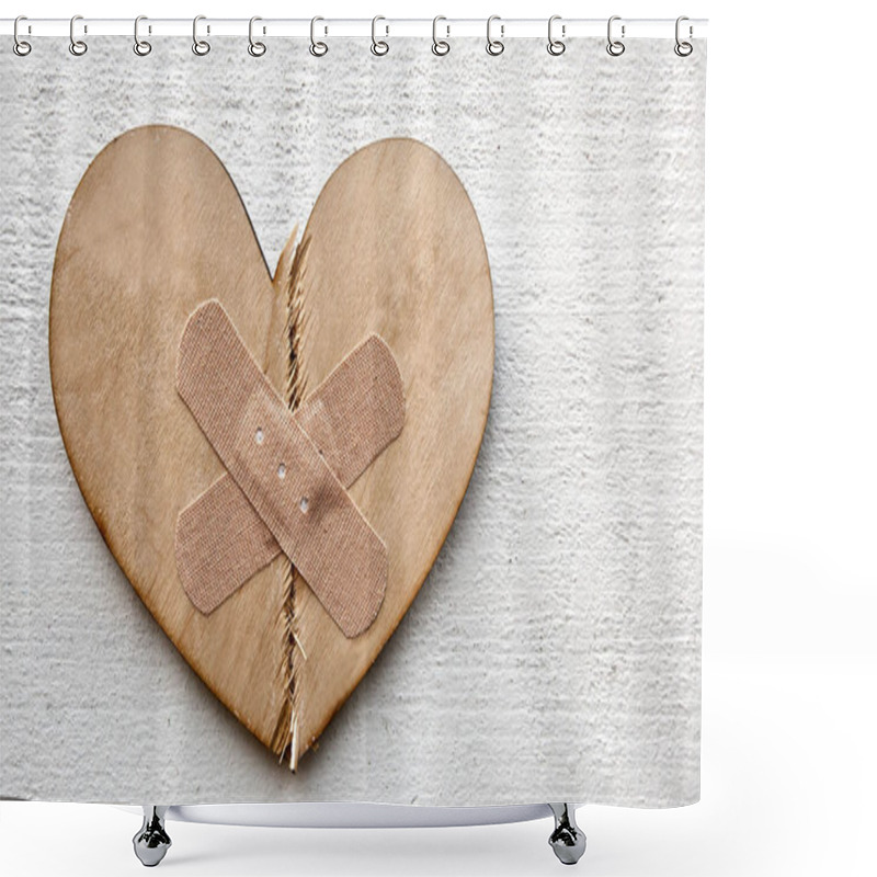 Personality  Two Parts Of Broken Wooden Heart Taped By A Patch. Concept Of Th Shower Curtains