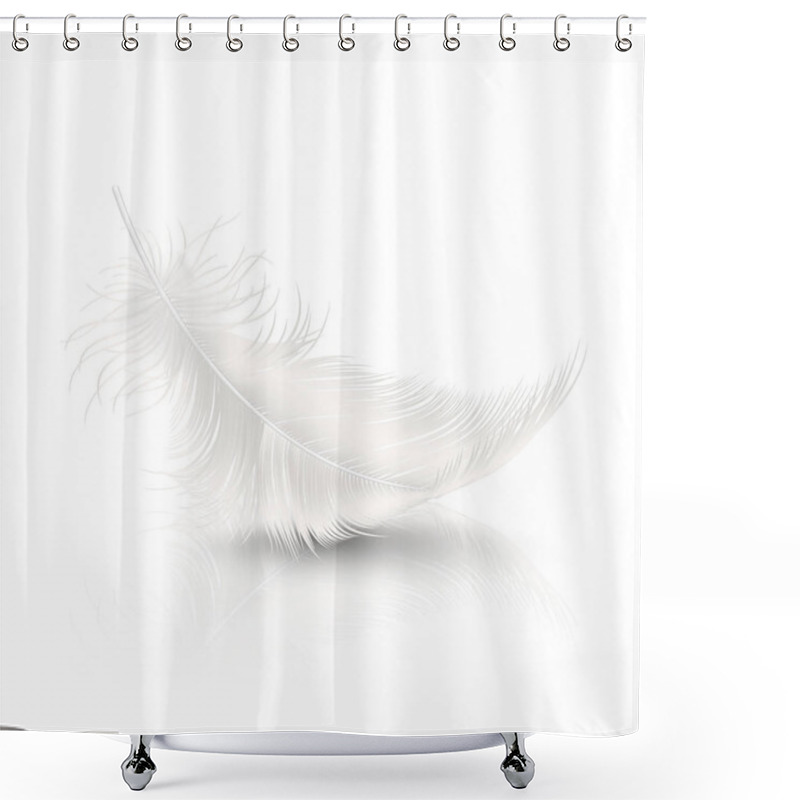 Personality  Vector 3d Realistic Falling White Fluffy Twirled Feather With Reflection Closeup Isolated On White Background. Design Template, Clipart Of Angel Or Detailed Bird Quill Shower Curtains