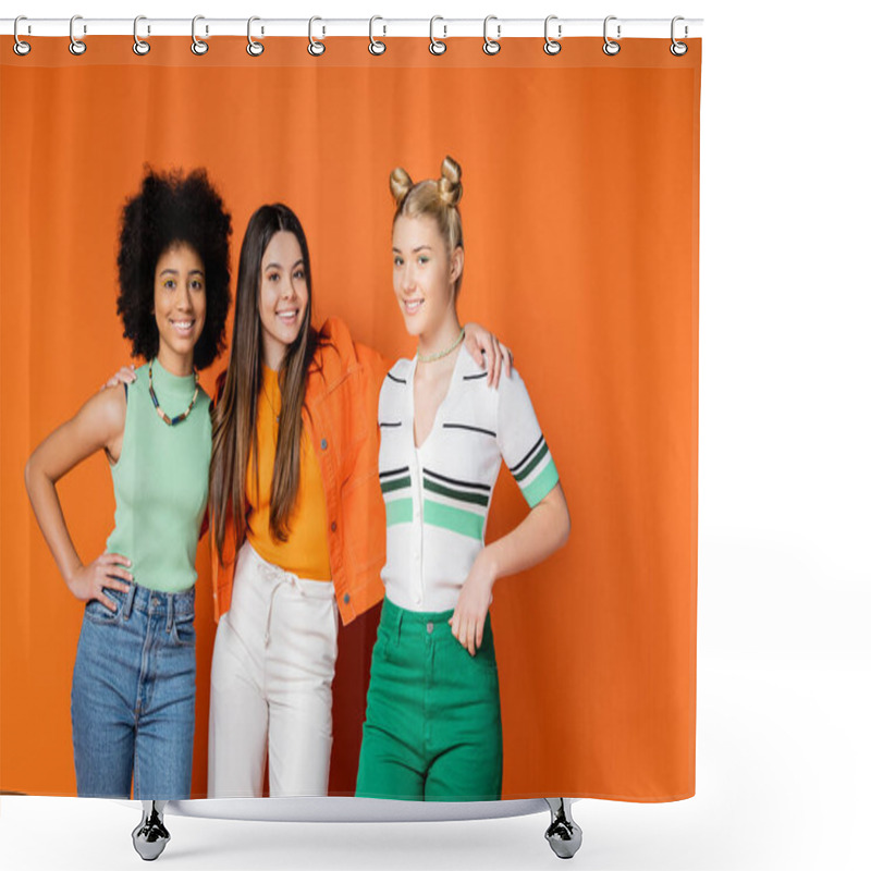 Personality  Smiling Brunette Girl In Casual Outfit Hugging Interracial Girlfriends With Trendy Bright Makeup And Posing On Orange Background, Trendy Outfits And Fashion-forward Looks Shower Curtains