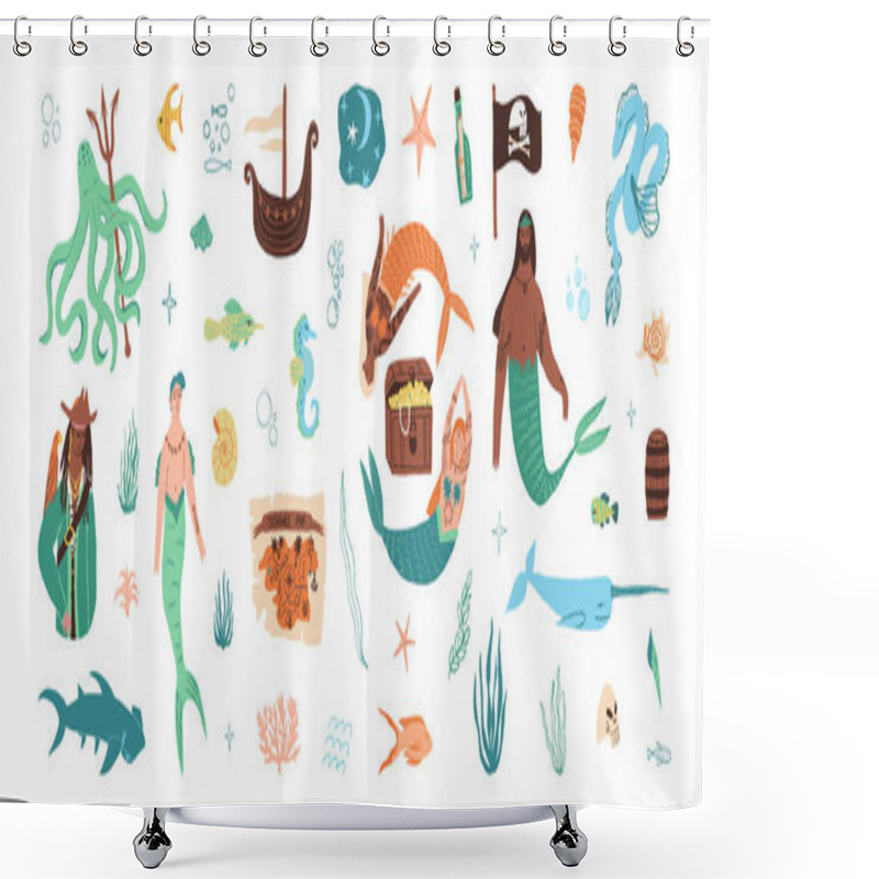 Personality  A Pirate And Mermaids Set. An Adventure Map, A Old Ship, A Pirate Flag, A Trunk Box With Treasure, A Skull, Sea Monster. Shower Curtains