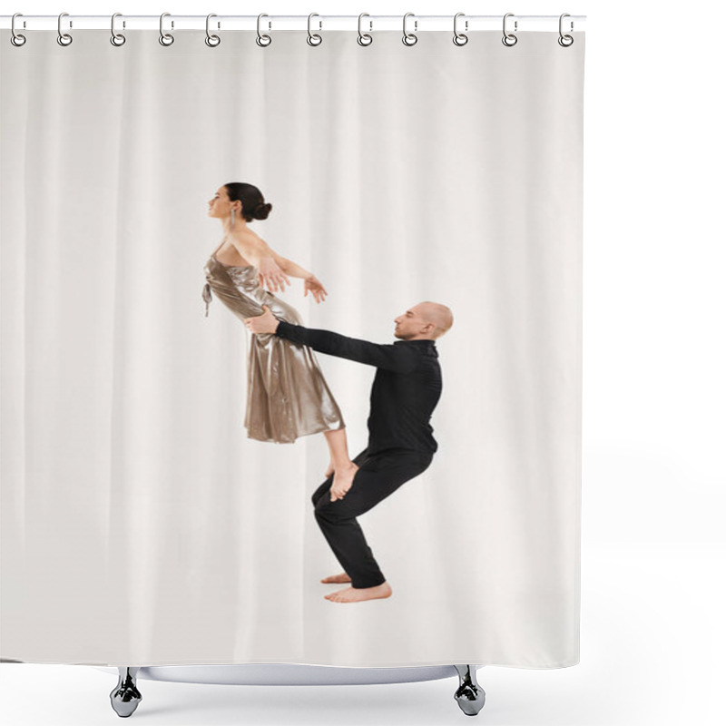 Personality  Young Man And Woman Dressed In Black Performing Acrobatic Dance Moves On A White Floor In A Studio Setting. Shower Curtains