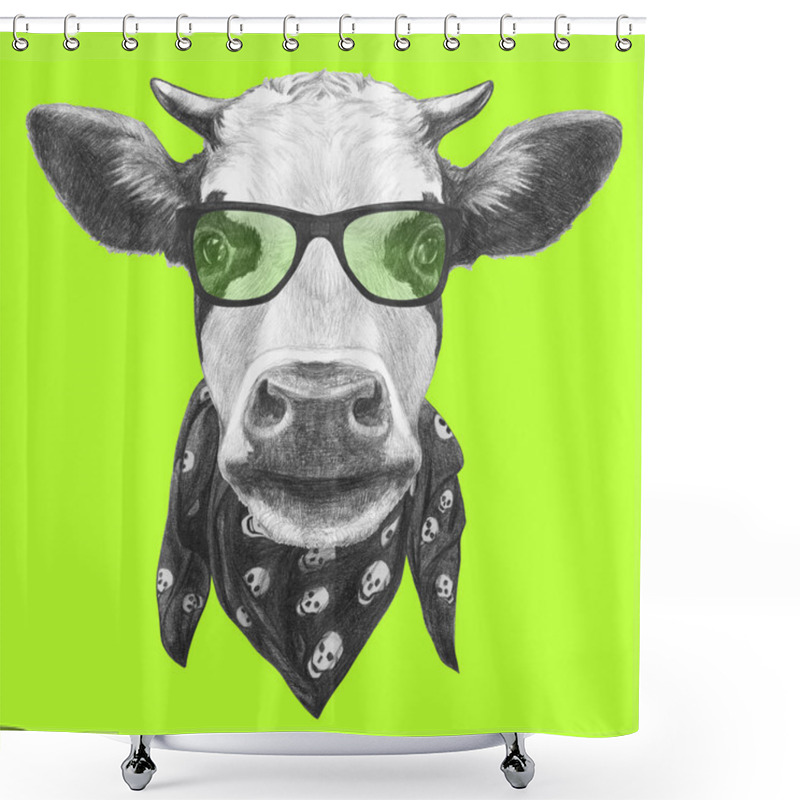 Personality  Portrait Of Cow With Glasses And Scarf.  Shower Curtains