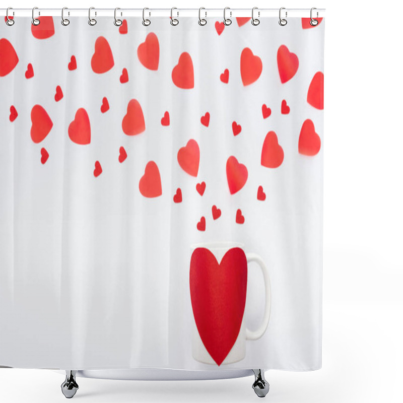 Personality  Top View Of Paper Hearts And Cup With Heart Shaped Sticker Isolated On White, St Valentines Day Concept Shower Curtains