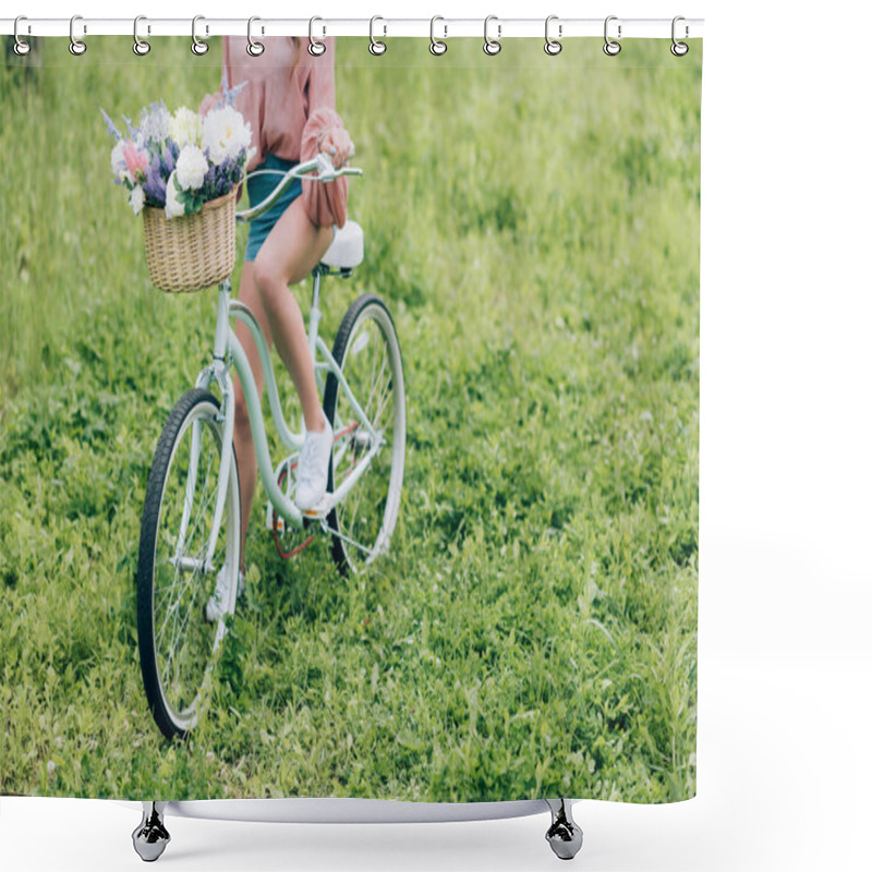 Personality  Partial View Of Woman On Retro Bicycle With Wicker Basket Full Of Flowers In Forest Shower Curtains