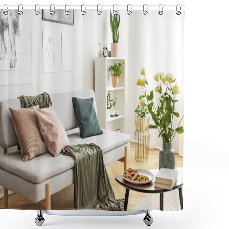 Personality  White Roses In Vase, Cookies On The Plate And Books On Wooden Coffee Table In Fashionable Living Room In Tenement House Shower Curtains