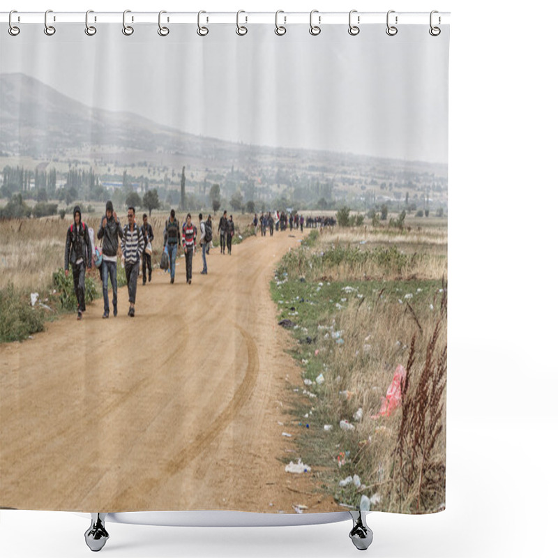 Personality  Refugees And Migrants Walking The Dusty Road Shower Curtains