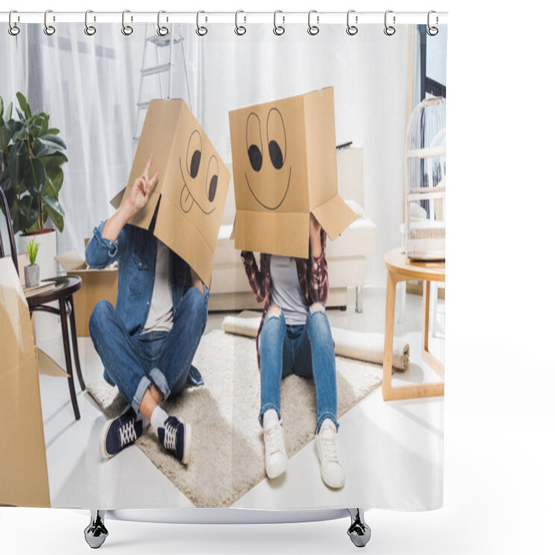 Personality  Couple With Boxes On Heads Shower Curtains