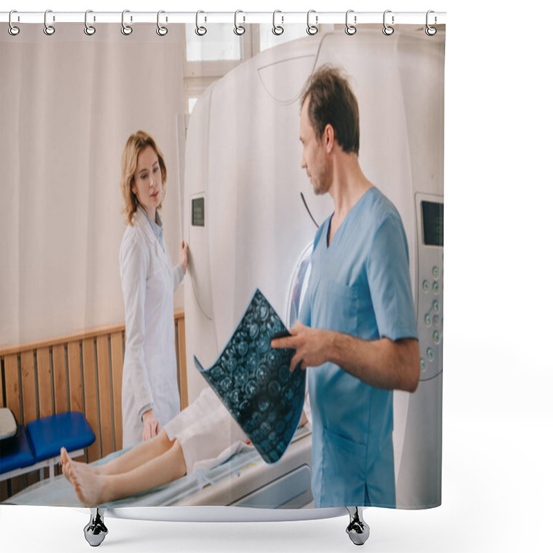 Personality  Doctor Holding Tomography Diagnosis While Radiologist Operating Ct Scanner During Patients Diagnostics Shower Curtains