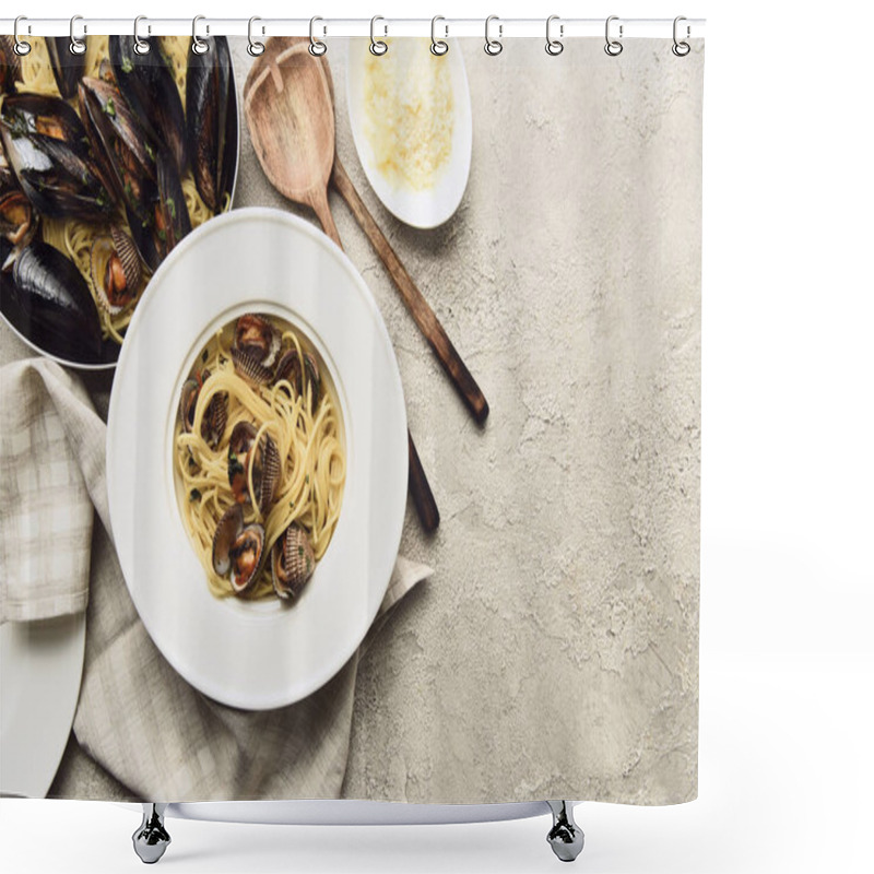 Personality  Top View Of Tasty Pasta With Seafood And Grated Cheese On Weathered Grey Background With Copy Space Shower Curtains