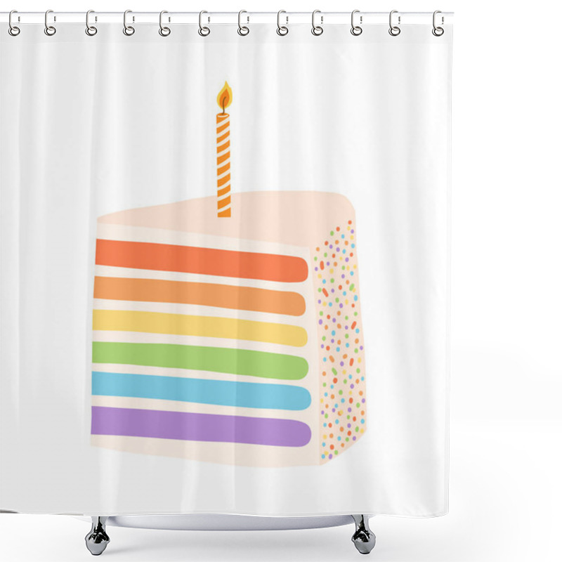 Personality  Hand Drawn Rainbow Birthday Cake With Candle In Cartoon Flat Style. Vector Illustration Of Sweet Dessert, Design Element For Card, Invitation, Sticker. Shower Curtains