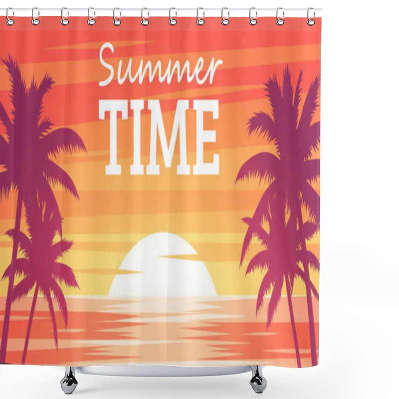 Personality  Summer Tropical Background. Palms Silhouettes On The Beach. Sunset Or Sunrise Colors. Beautiful Orange Sky And Nature Landscape. Simple Modern Design. Flat Style Vector Illustration. Shower Curtains