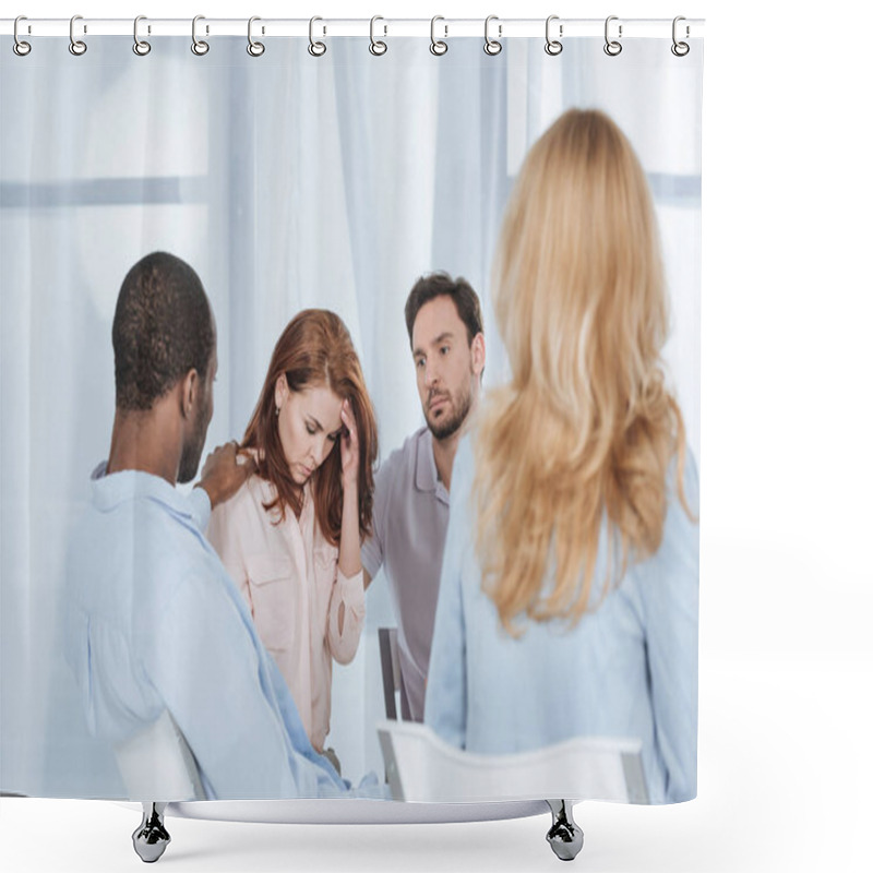 Personality  Multiethnic Middle Aged People Supporting Depressed Woman During Anonymous Group Therapy Shower Curtains