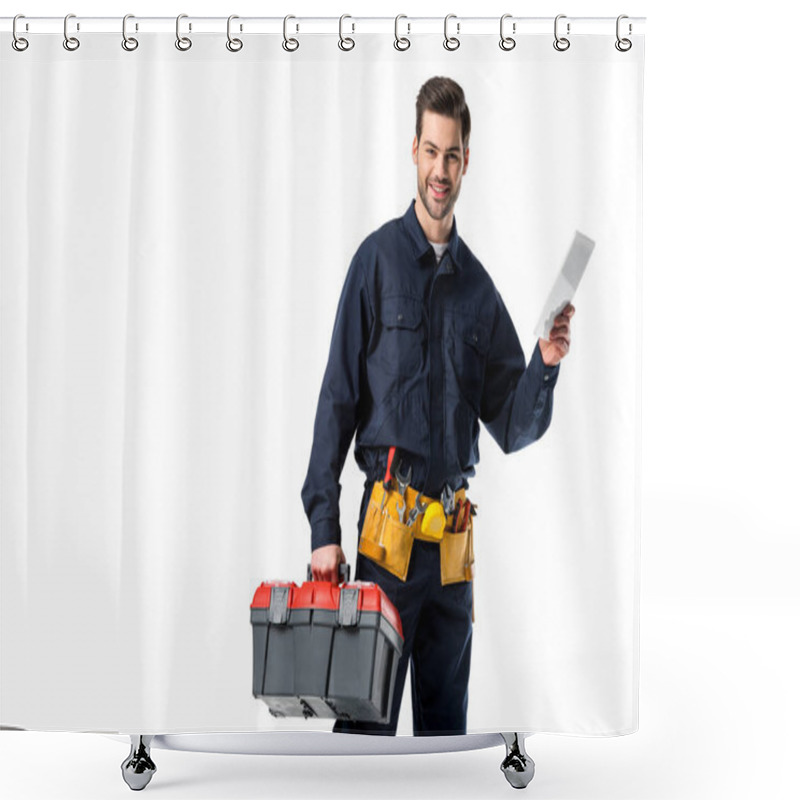 Personality  Portrait Of Smiling Plumber In Uniform With Tool Box And Digital Tablet Isolated On White Shower Curtains