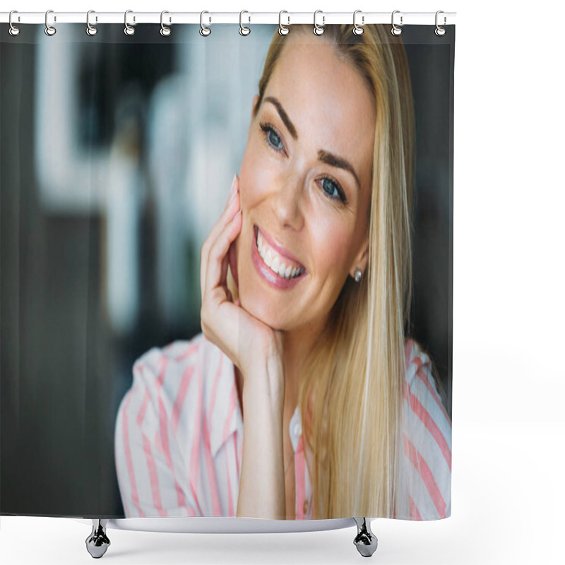 Personality  A Portrait Of A Beautiful Blonde Woman Smiling. Shower Curtains