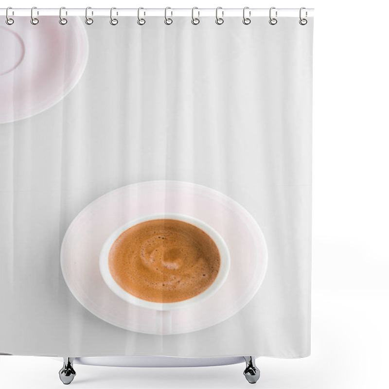 Personality  Cup Of Hot French Coffee As Breakfast Drink, Flatlay Cups On Whi Shower Curtains