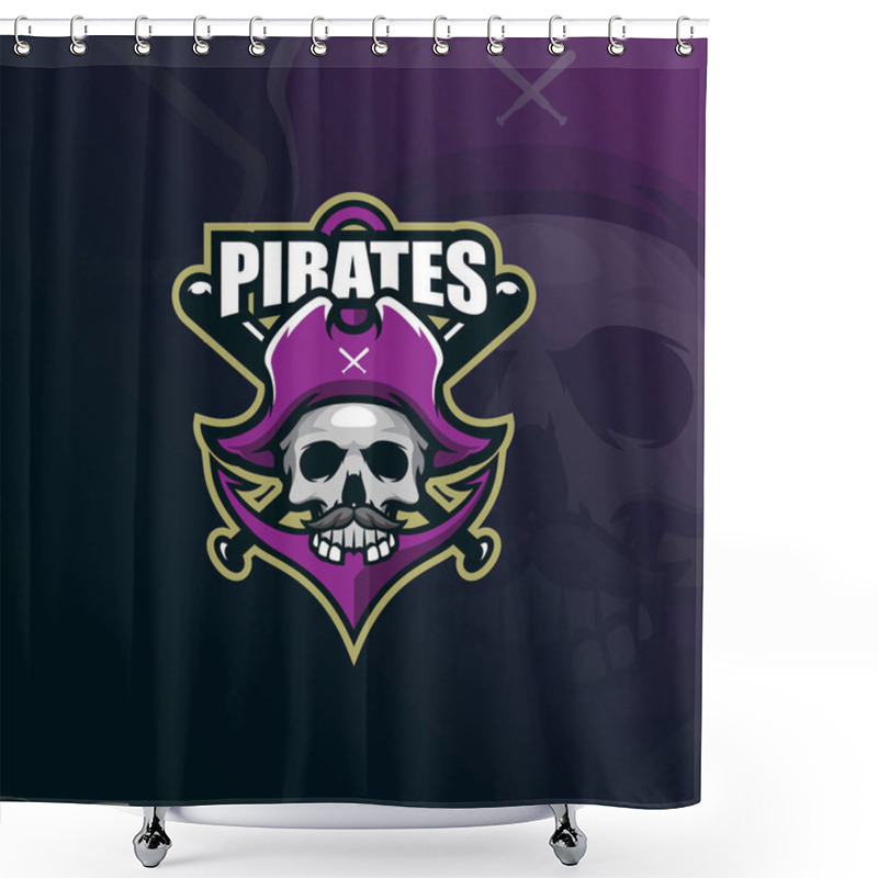 Personality  Pirates Mascot Logo Design Vector With Modern Illustration Concept Style For Badge, Emblem And Tshirt Printing. Skull Pirates Illustration With A Anchor And Stick. Shower Curtains