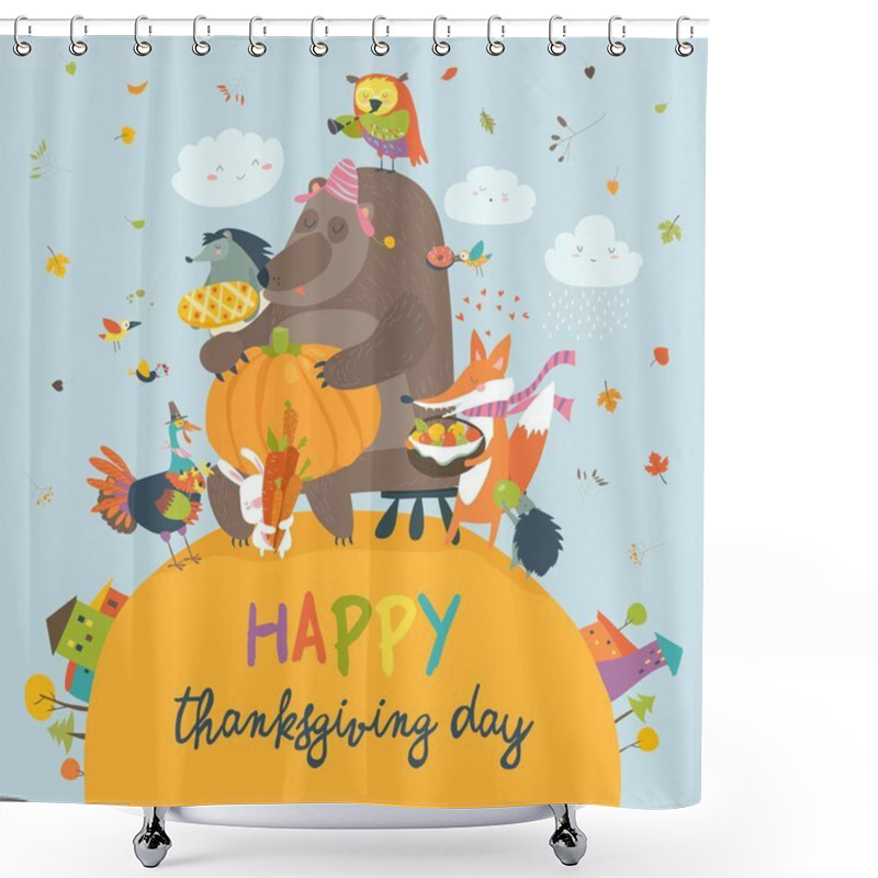 Personality  Cute Animals Celebrating Thanksgiving Day Shower Curtains