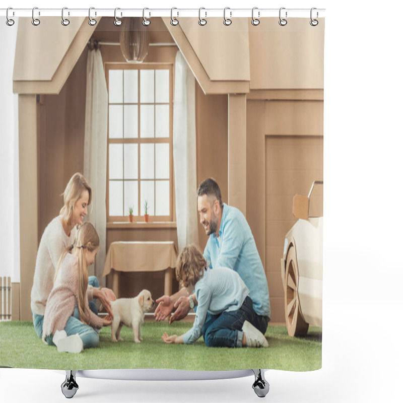 Personality  Happy Family With Adorable Puppy On Yard Of Cardboard House Shower Curtains