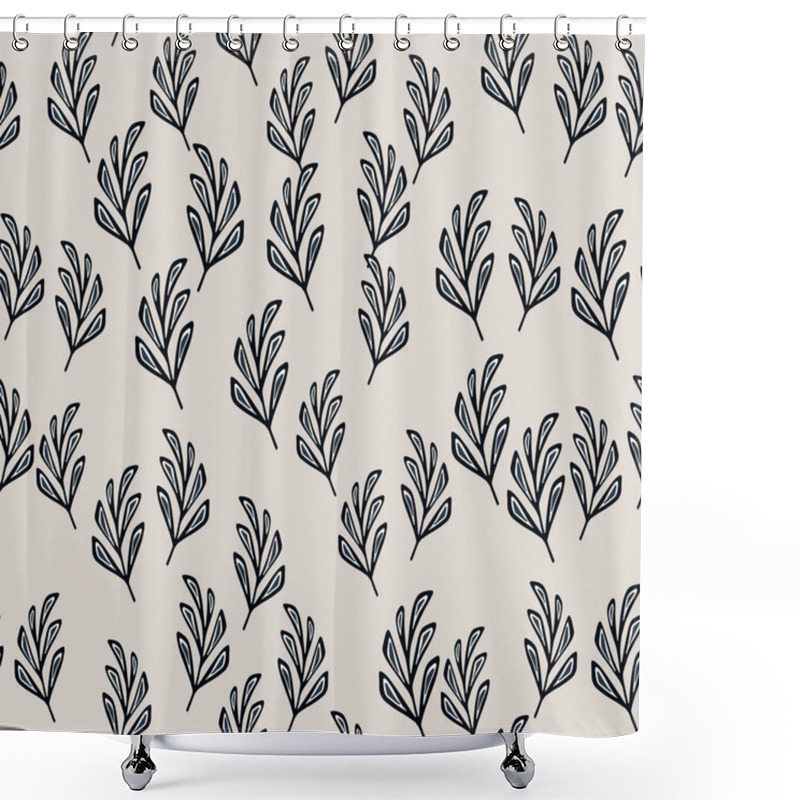 Personality  Geometric Foliage Branches Little Random Seamless Pattern. Grey Background. Navy Blue Botanic Print. Designed For Fabric Design, Textile Print, Wrapping, Cover. Vector Illustration. Shower Curtains