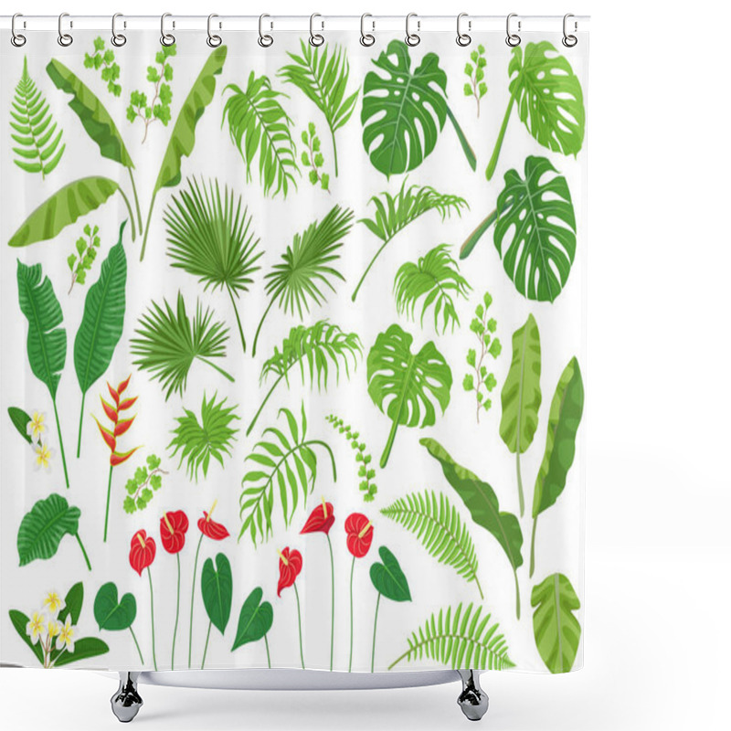 Personality  Vivid Tropical Flowers And Green Leaves Isolated On White Background. Tropic Plant Big Set.  Vector Flat Illustration.  Shower Curtains