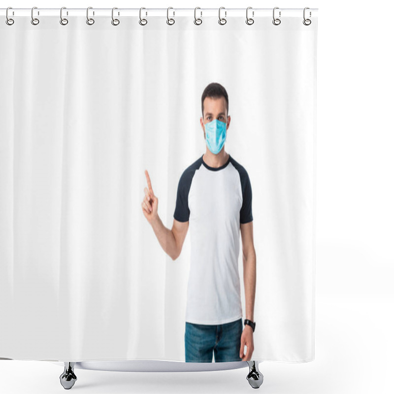 Personality  Man In Medical Mask Pointing With Finger Isolated On White  Shower Curtains